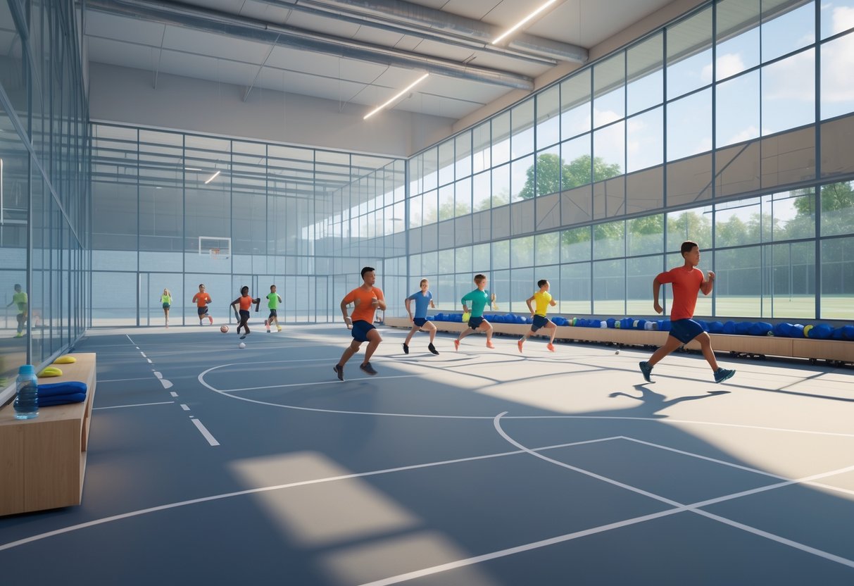 Indoor sports facility with athletes warming up in a designated area separated from the main courts, performing stretches and light exercises.