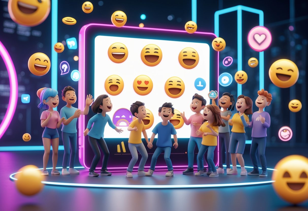 A group of diverse people happily interacting around a large glowing screen showing popular meme symbols, surrounded by colourful digital icons in a modern tech setting.