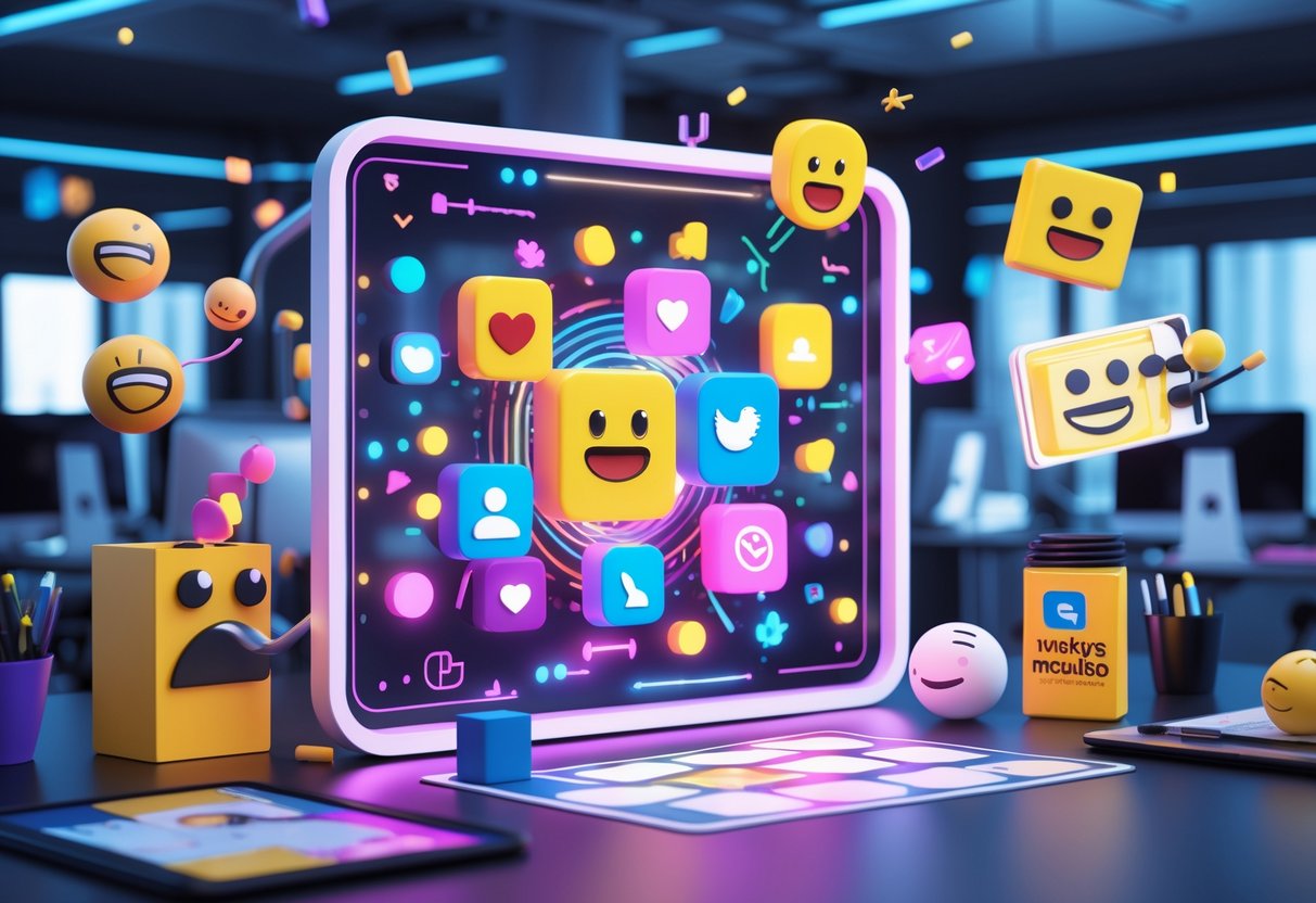 A lively workspace with animated characters interacting with digital screens and branded objects, representing meme culture and brand engagement.