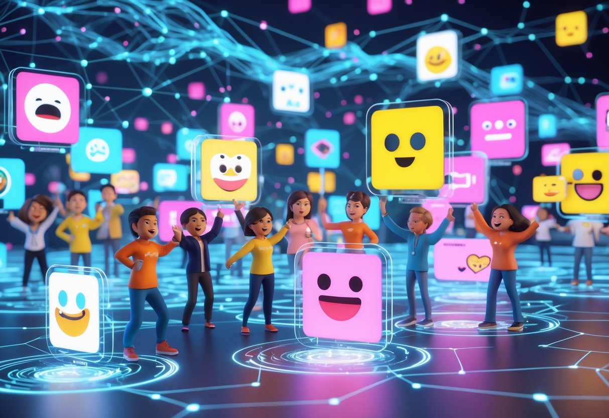 A colourful digital scene showing animated people interacting with floating holograms of popular meme characters in a glowing network environment.