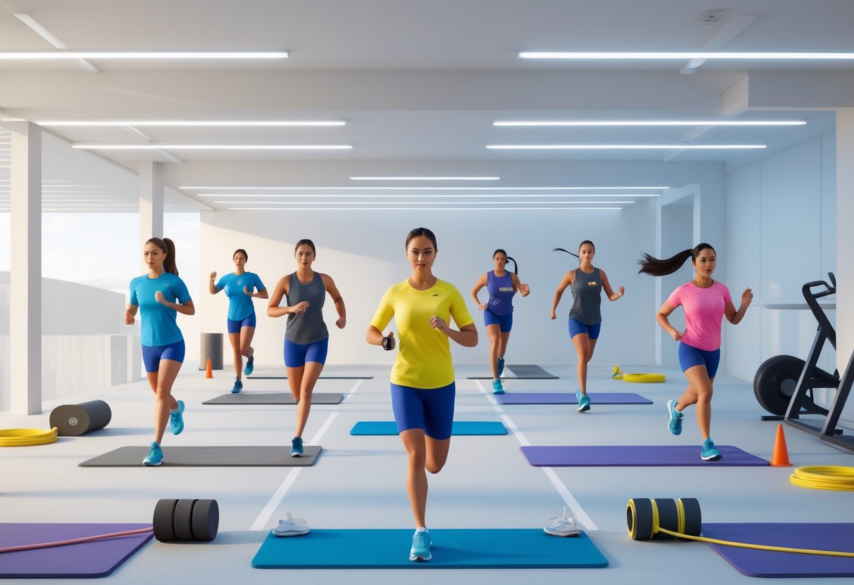 Three areas showing people performing different warm-up exercises including stretching, jogging, and muscle activation in a gym setting.