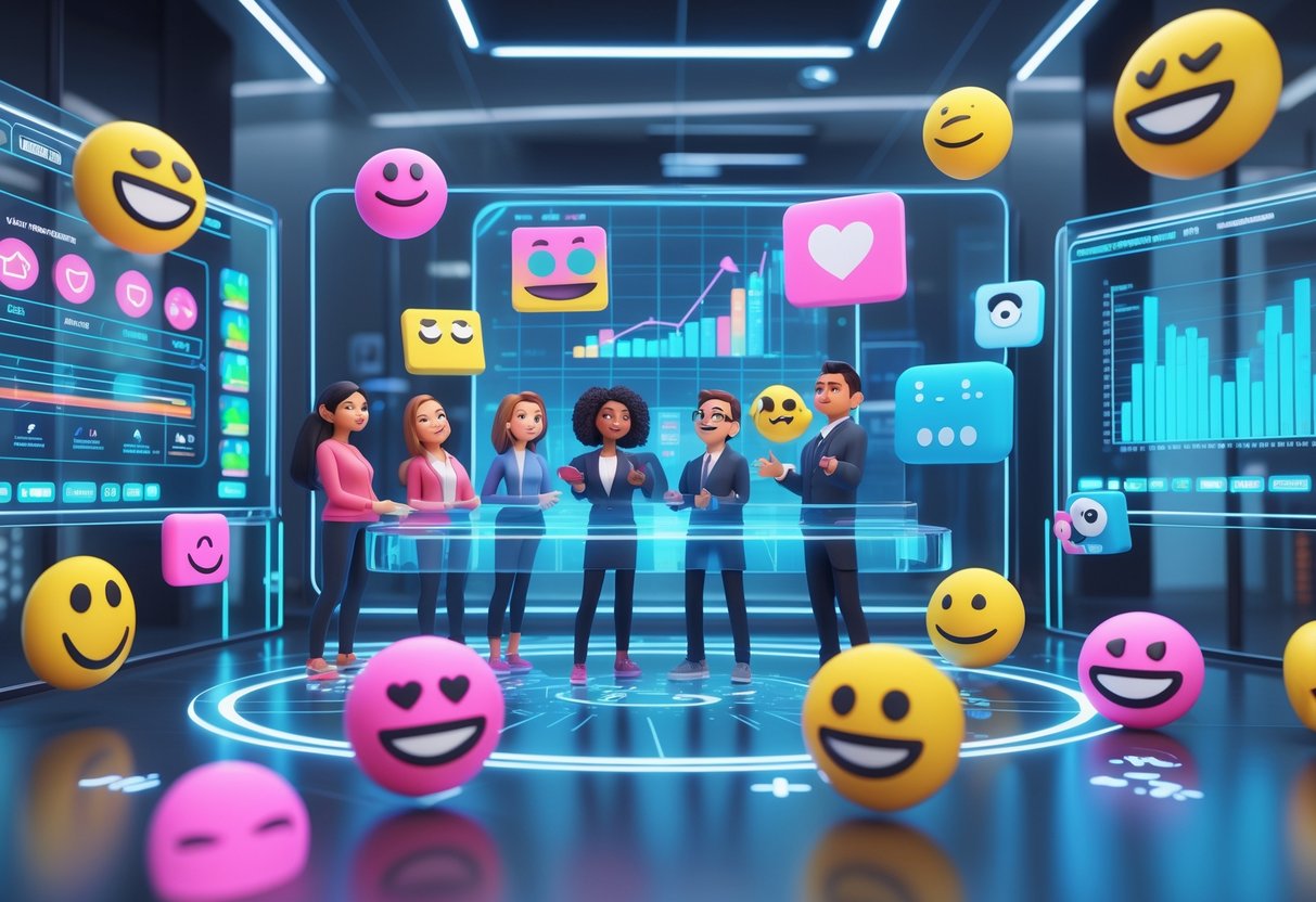 A group of people analysing colourful holographic charts and meme icons in a modern digital workspace.