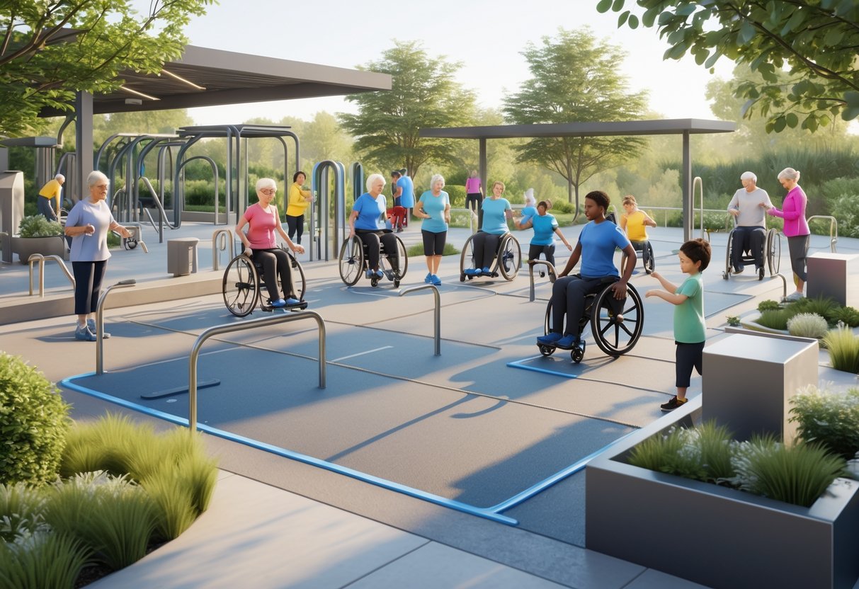 Outdoor warm-up area adapted for special groups with accessible exercise equipment, handrails, benches, and diverse people exercising.