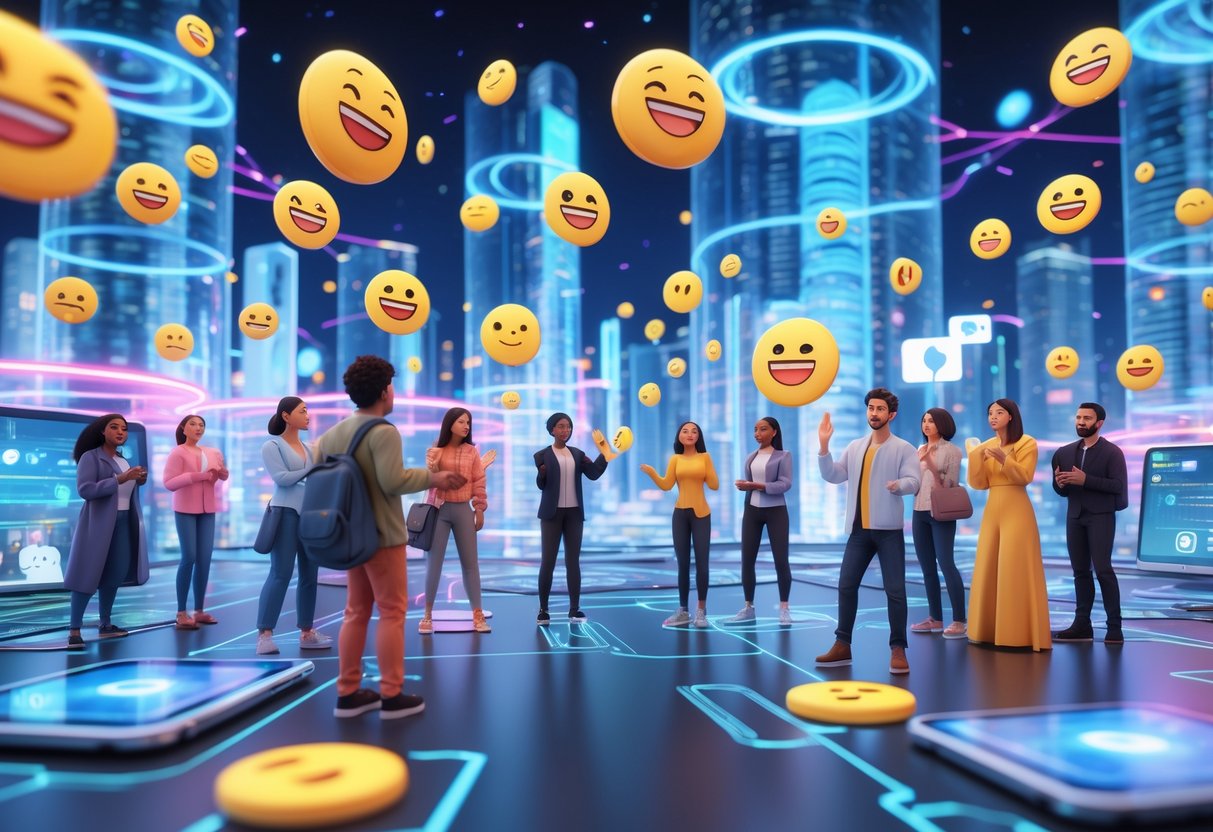 A futuristic city scene with people interacting with floating digital memes and emojis in a vibrant, high-tech environment.