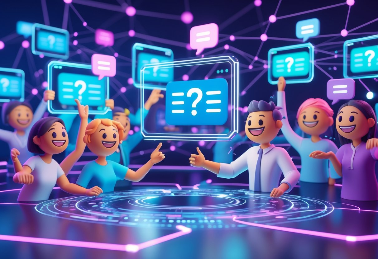 A colourful virtual space with animated characters interacting with floating holographic screens showing question and answer icons.