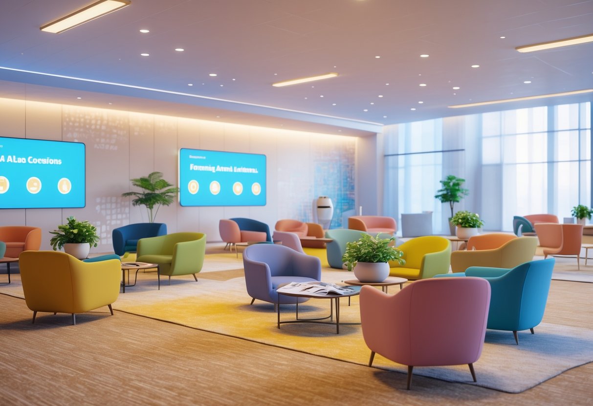 A spacious warm-up area with colourful armchairs and sofas arranged for group discussions, soft natural light, plants, and digital screens with icons in the background.