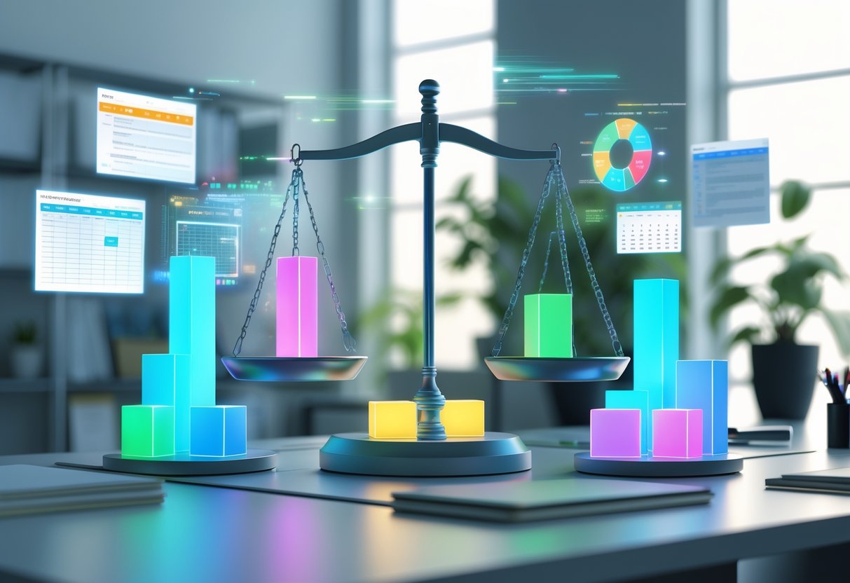 A 3D scene showing a balanced scale with colourful blocks on each side on a desk surrounded by floating digital charts and calendars in a calm office setting.