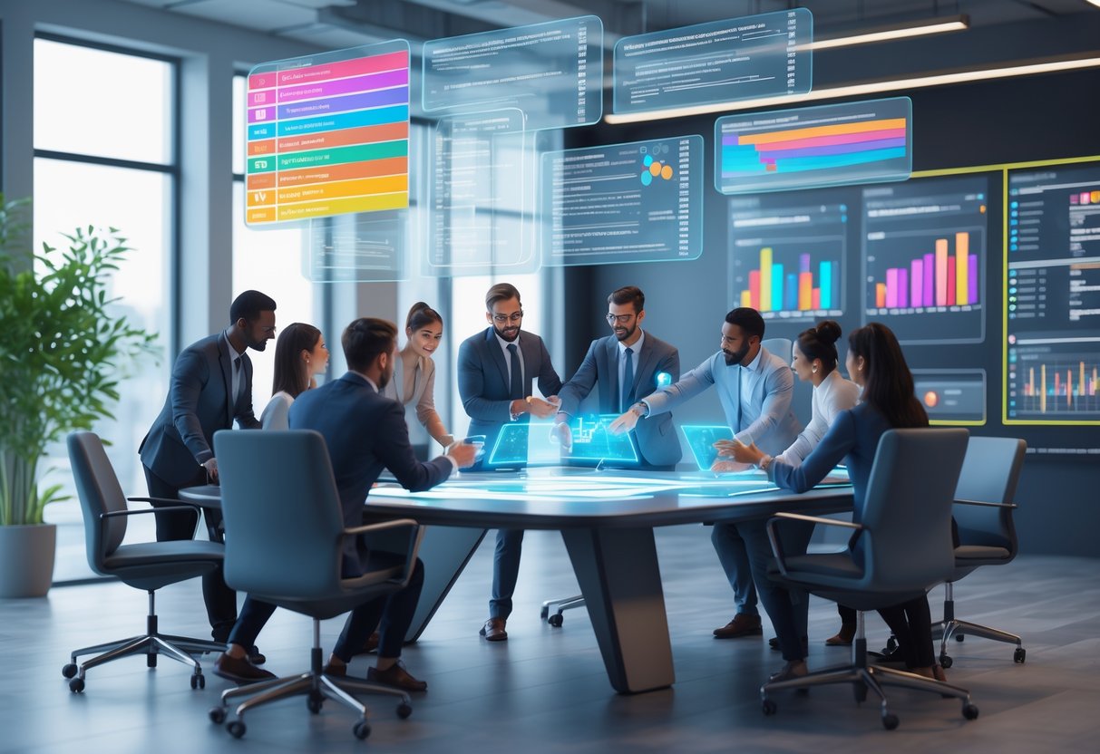 A group of people working together around a table with floating holographic charts and icons representing team priorities.