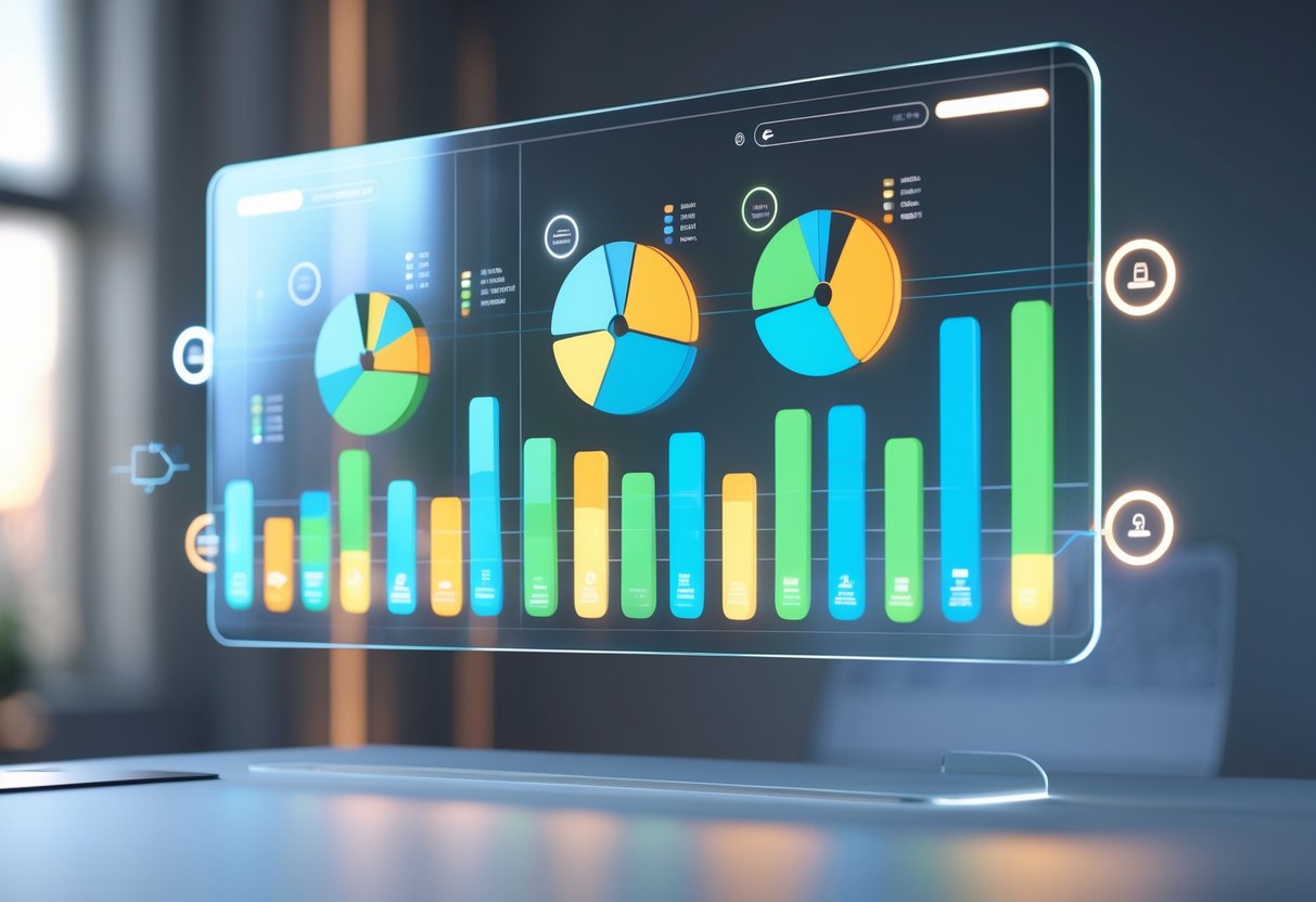 A 3D digital dashboard showing colourful progress bars and charts tracking different priorities on a transparent screen above a desk.