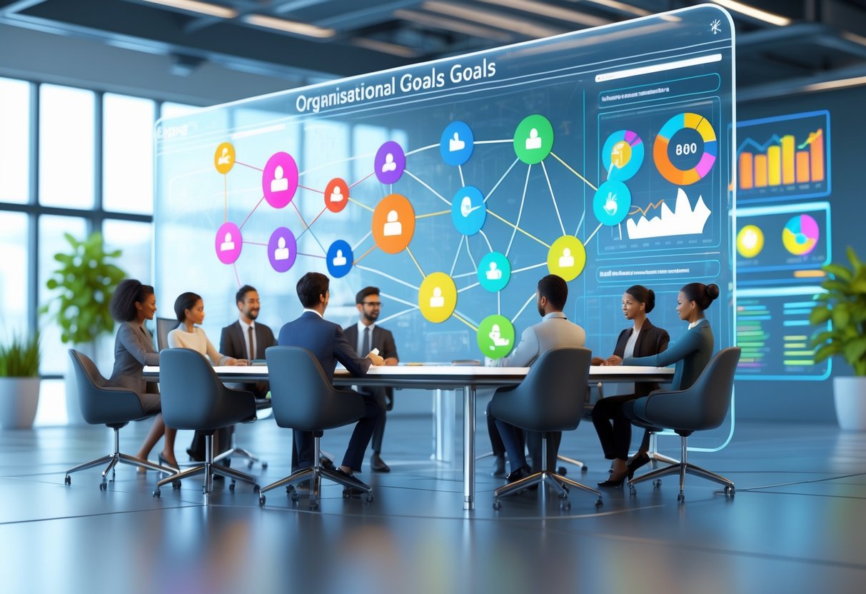 A modern office scene with professionals collaborating around a table displaying interconnected project and goal icons on a transparent digital screen.