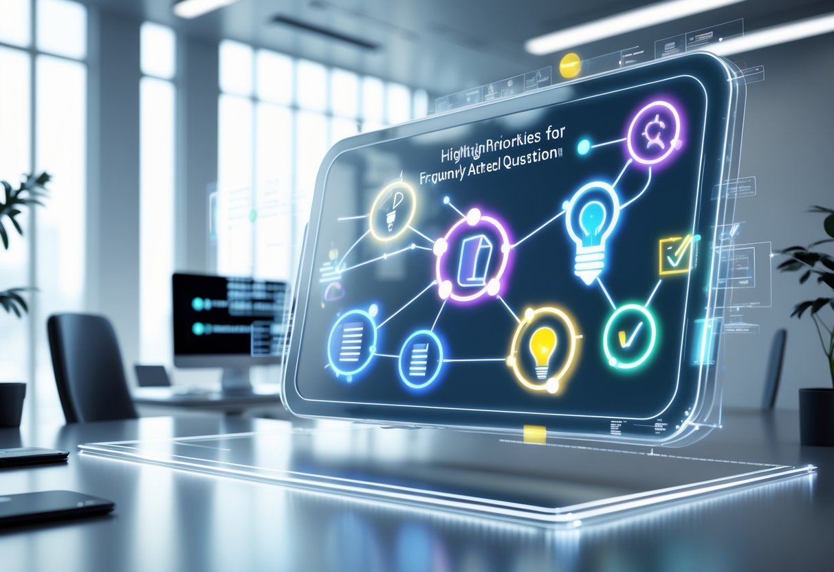 A futuristic workspace with a floating digital screen showing colourful icons and holographic charts representing organised priorities.