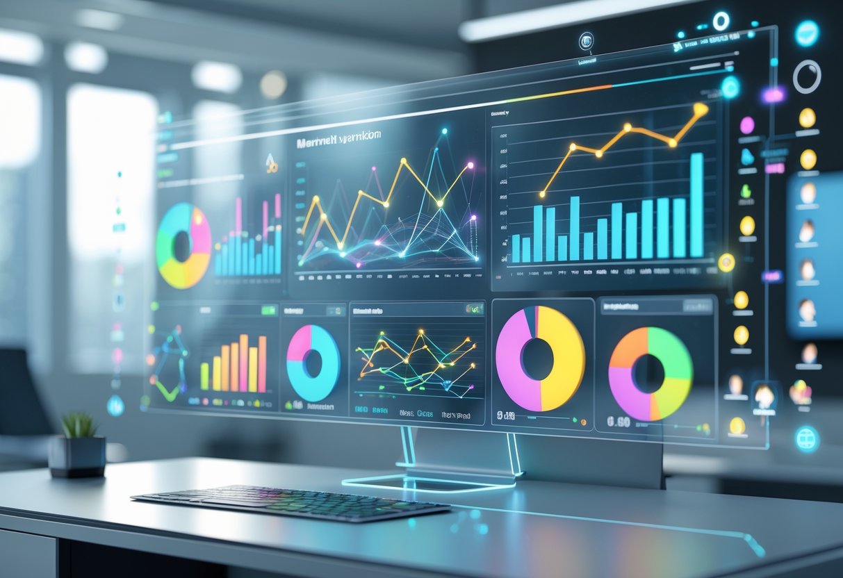 A futuristic digital workspace showing holographic charts and graphs analysing user engagement metrics above a modern desk.