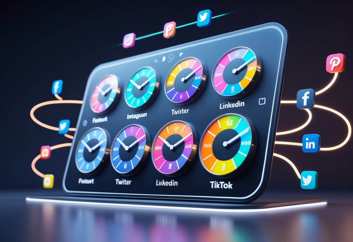 A 3D digital dashboard showing multiple colour-coded clock dials representing different social media platforms with highlighted segments indicating optimal posting times.