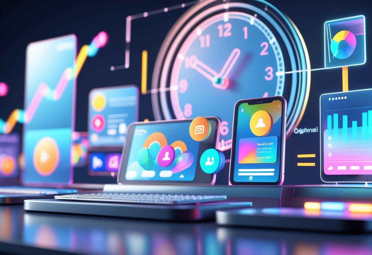 A 3D scene showing a digital workspace with floating holographic social media icons, charts, and a large clock indicating optimal posting times.