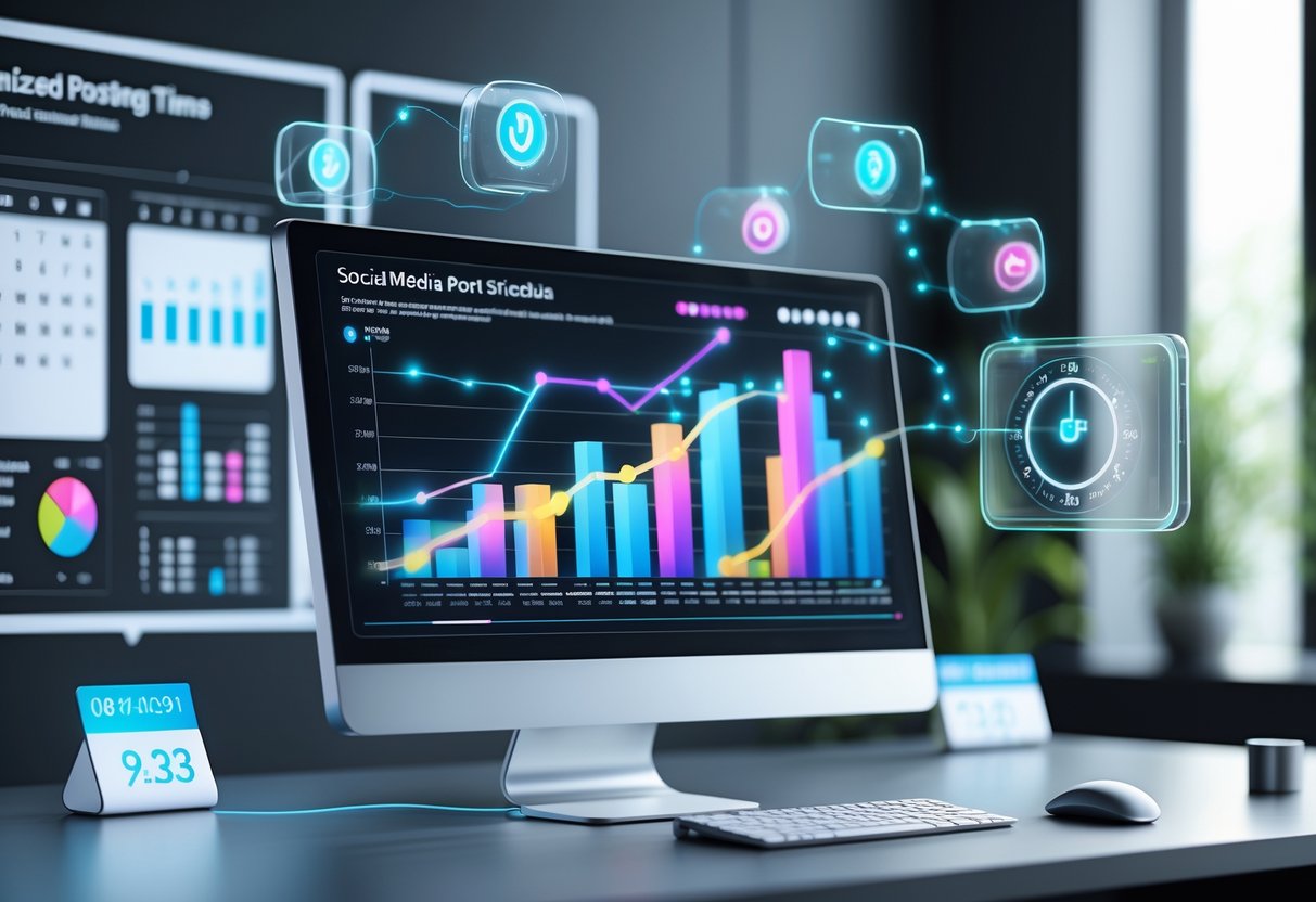 A 3D scene showing a computer with floating holographic charts and timelines illustrating social media posting schedules and data analysis.