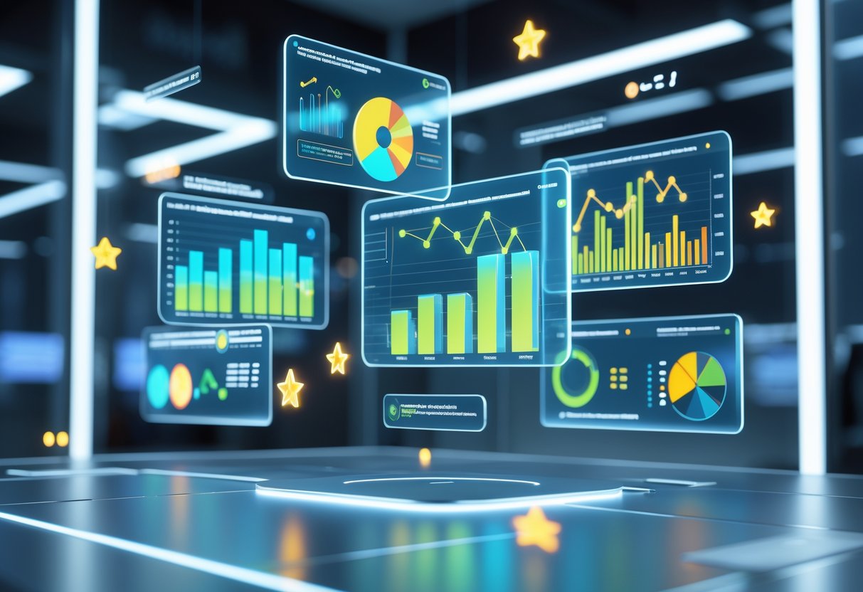 A futuristic digital dashboard with floating holographic screens showing colourful charts and icons representing customer satisfaction and engagement metrics in a modern office setting.