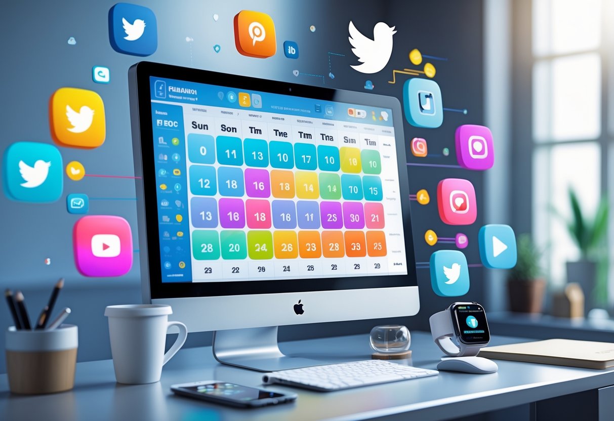 A 3D scene of a digital workspace with a computer showing a colourful calendar for scheduling, surrounded by social media icons, a smartphone, and a smartwatch on a tidy desk.