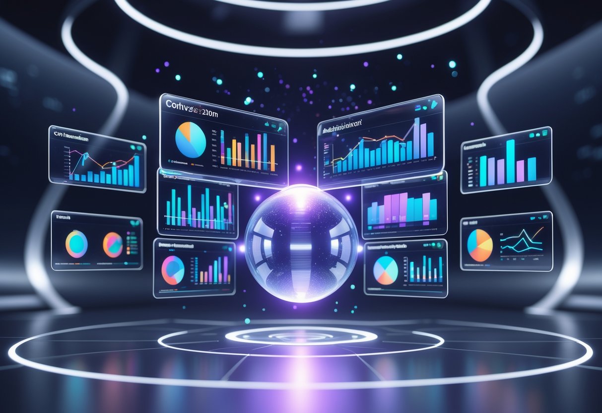 A 3D scene showing floating holographic panels with colourful graphs and charts representing engagement metrics around a glowing central orb in a dark, high-tech environment.