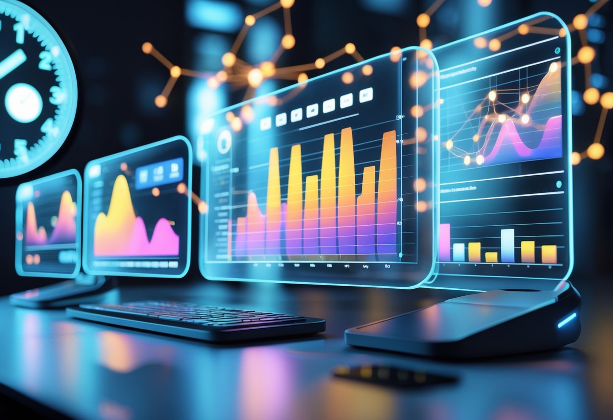 A futuristic workspace with holographic screens showing colourful graphs and charts about social media activity and timing.