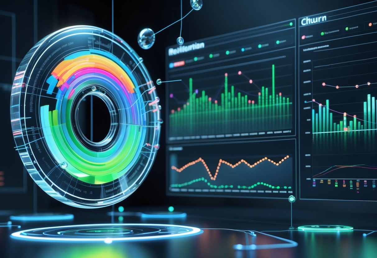 A 3D digital dashboard showing colourful graphs and charts representing user retention and churn metrics in a futuristic setting.