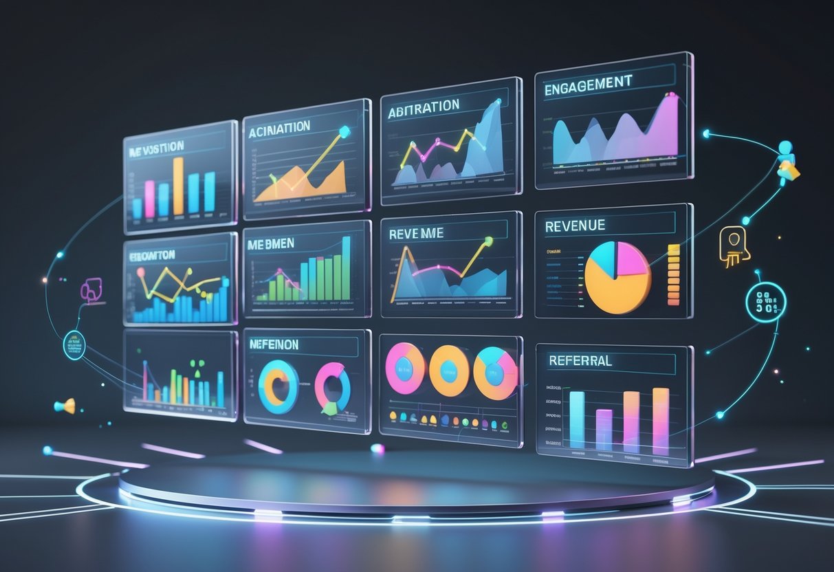 A 3D scene showing floating holographic panels with colourful graphs and icons representing customer engagement metrics across different lifecycle stages.