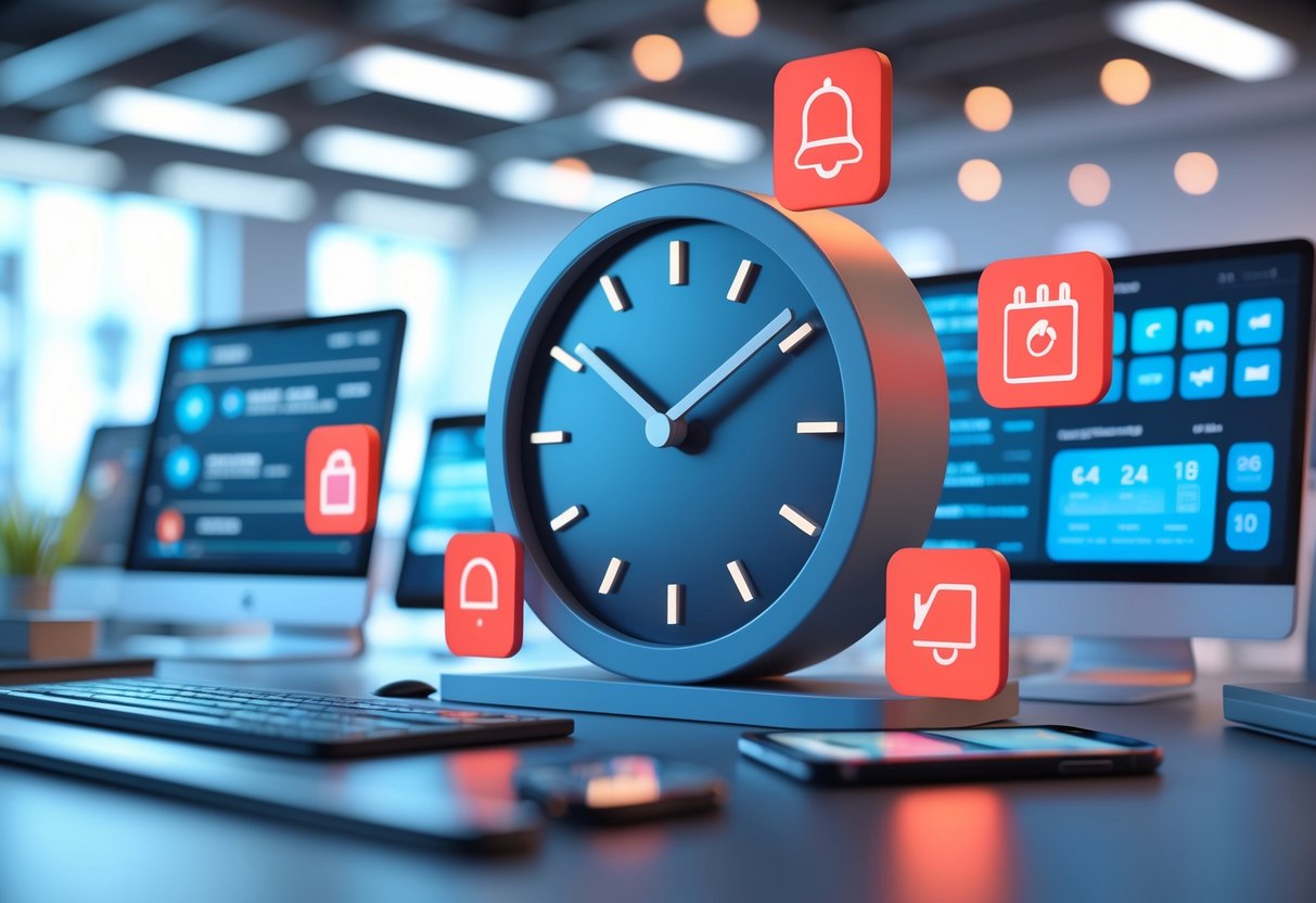 A digital workspace showing a large clock with misaligned hands surrounded by icons representing timing mistakes related to social media.