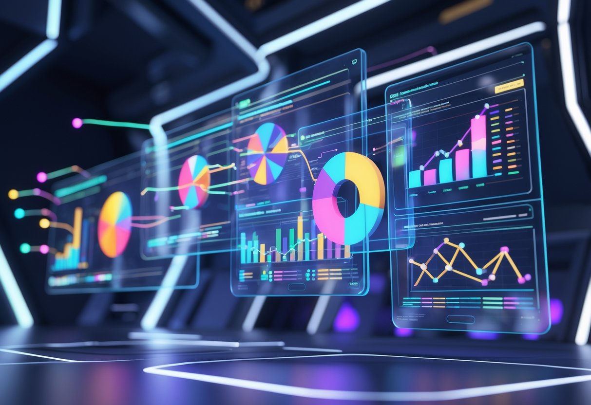 A 3D scene showing multiple floating holographic screens with colourful graphs and charts representing data analysis in a dark futuristic setting.