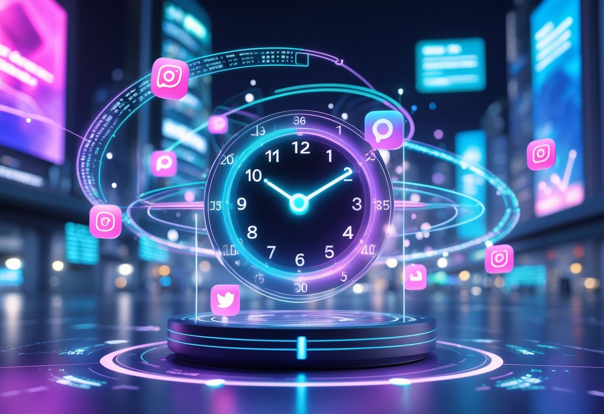 A futuristic digital clock surrounded by floating social media icons and data streams, set against a cityscape with digital screens displaying analytics.