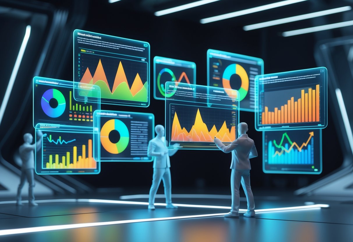 A futuristic digital dashboard with floating holographic screens showing colourful charts and graphs, with abstract human figures interacting with the data.
