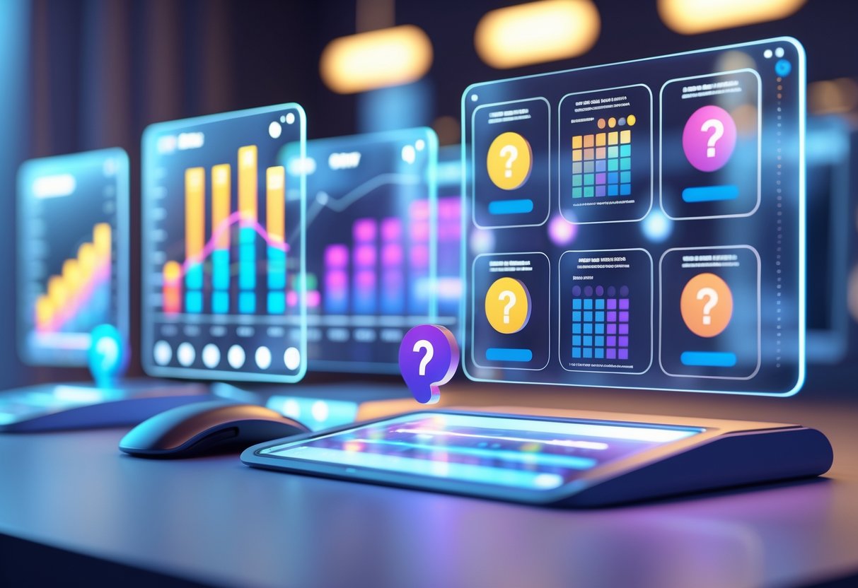 A desk with floating holographic screens showing clocks, calendars, graphs, and question marks representing social media posting schedules and frequently asked questions.