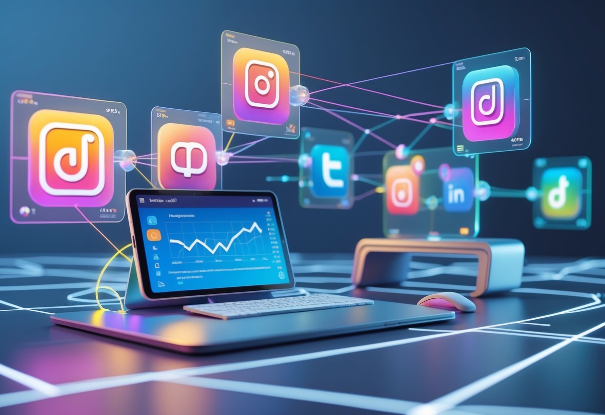 A futuristic digital workspace with floating holographic screens showing colourful hashtag symbols and social media icons connected by glowing lines above a desk with analytics charts.