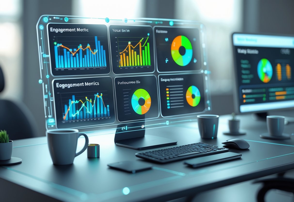 A 3D scene showing a modern desk with floating holographic screens displaying colourful charts and graphs about engagement metrics and key performance indicators.