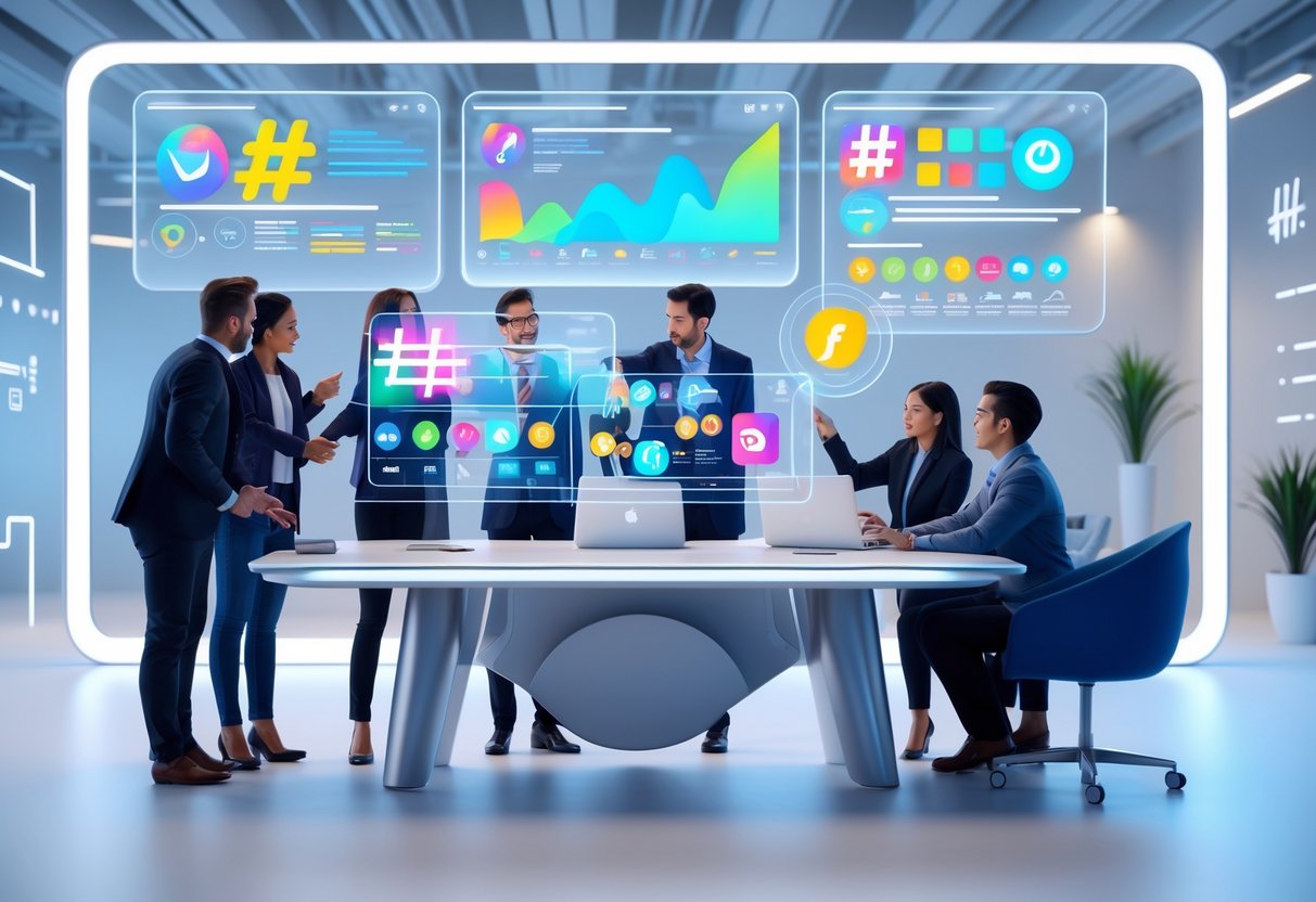 A group of people working together around a desk with floating holographic screens showing hashtag symbols and social media icons in a bright office.