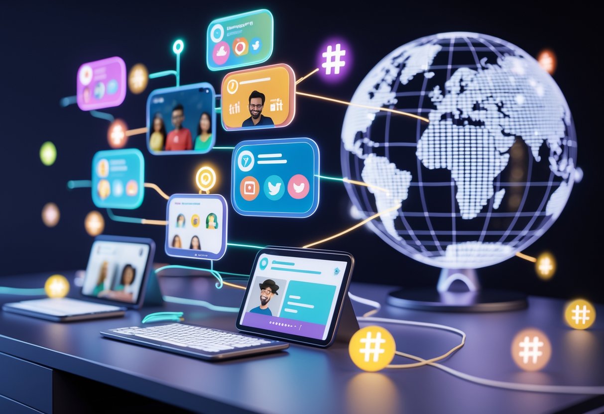 A digital workspace showing floating screens with user photos, social media posts, and hashtag symbols connected by glowing lines, with diverse avatars interacting and a globe of social icons in the background.