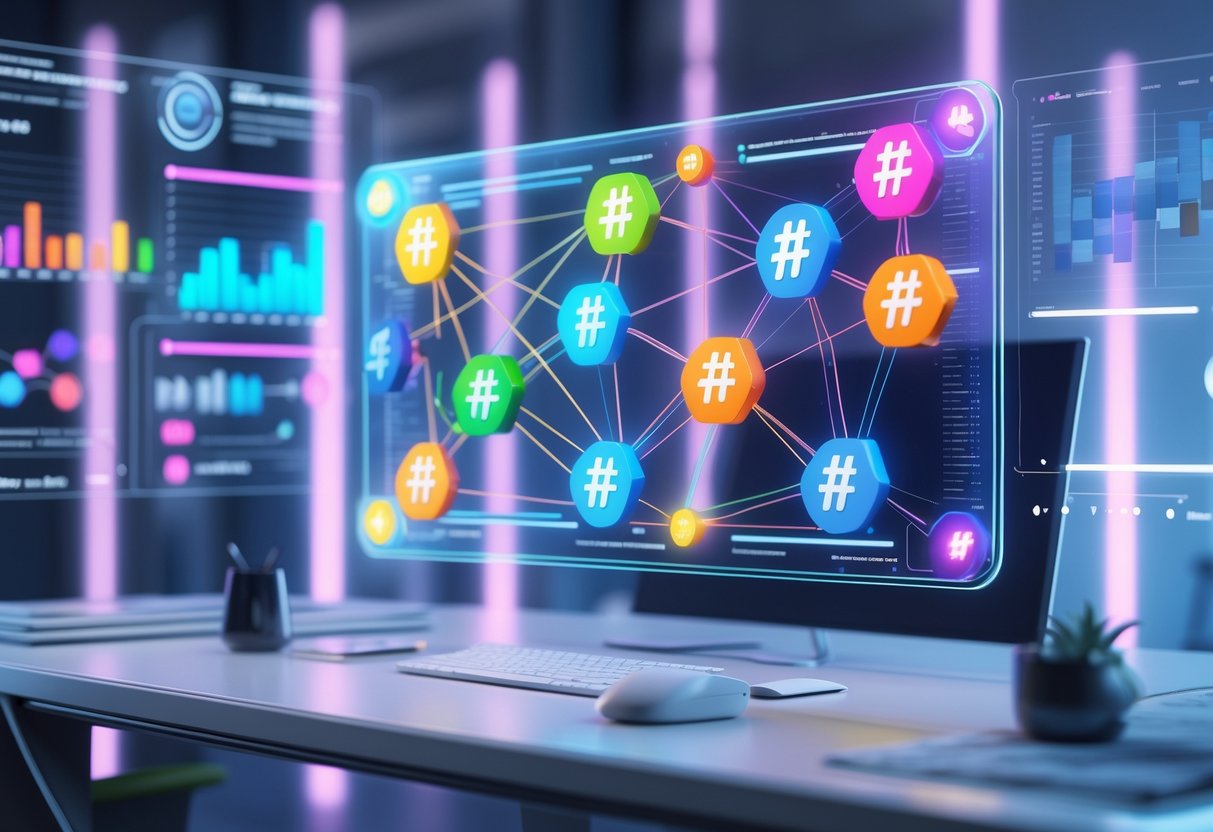 A 3D digital workspace showing interconnected colourful hashtag symbols arranged in a network above a modern desk in a high-tech office.