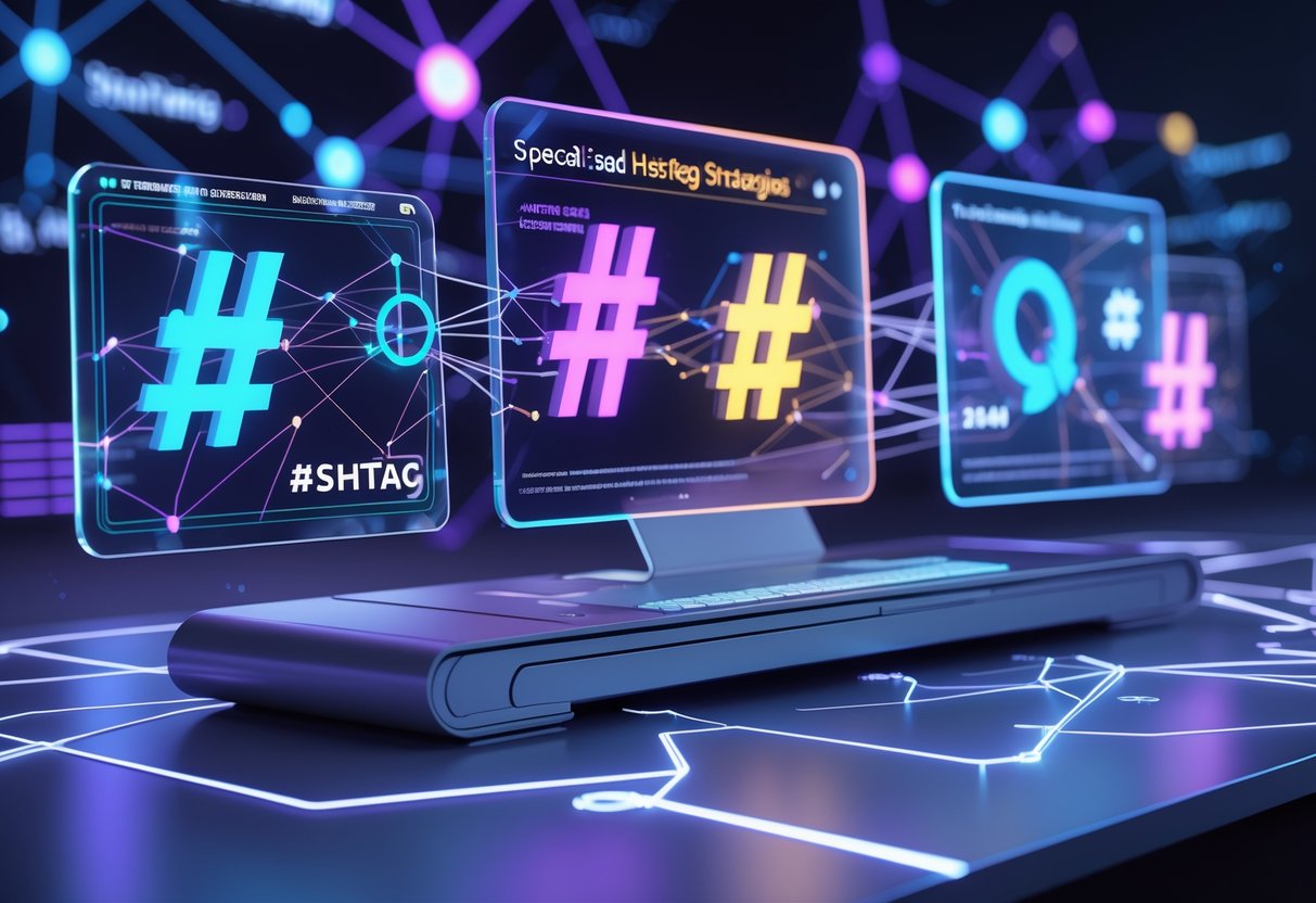 A futuristic digital workspace with holographic screens showing colourful hashtag symbols connected by glowing network lines above a modern desk.