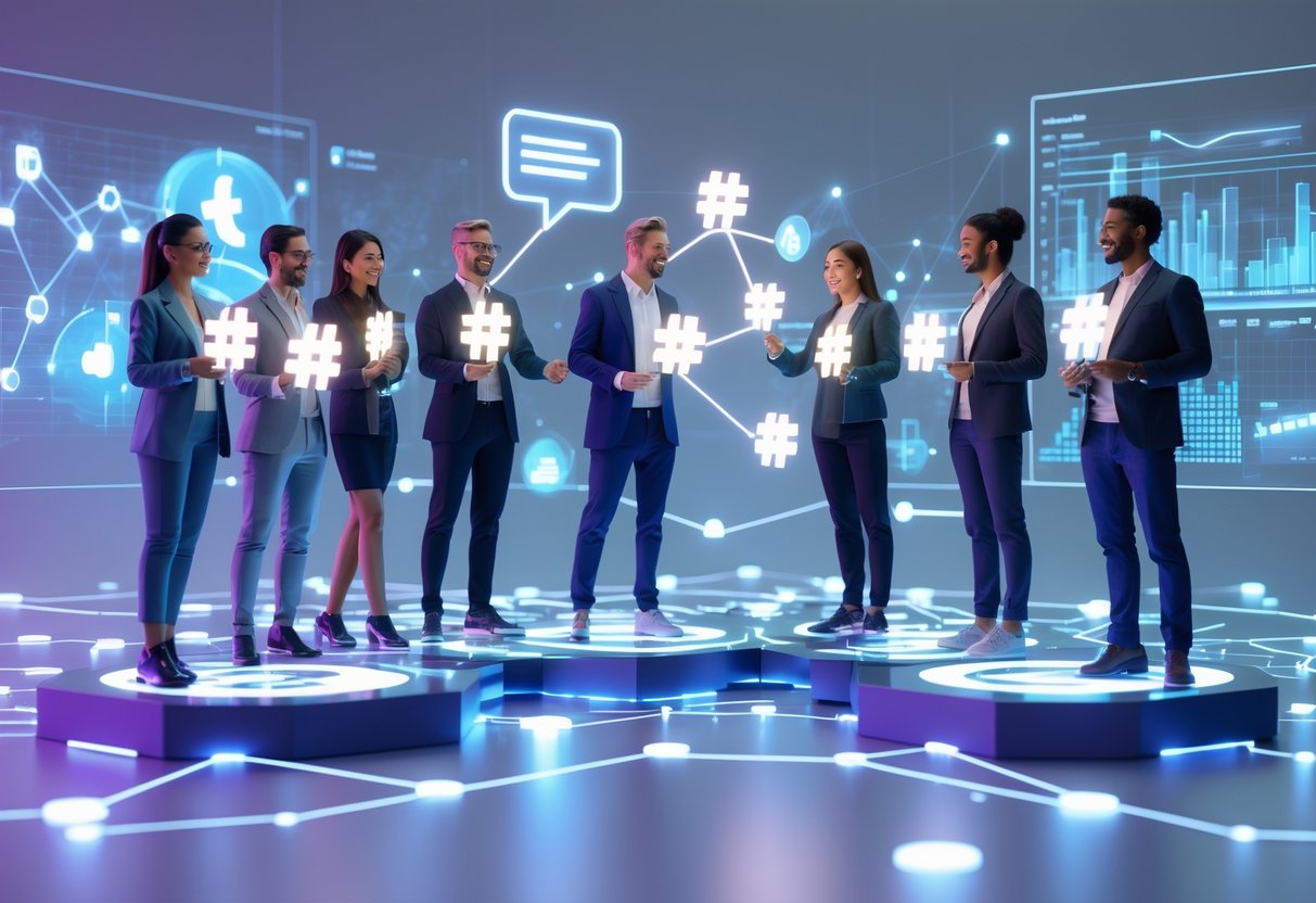 A group of diverse people connected by glowing hashtag symbols on digital platforms with floating graphs and lines showing social media connections.