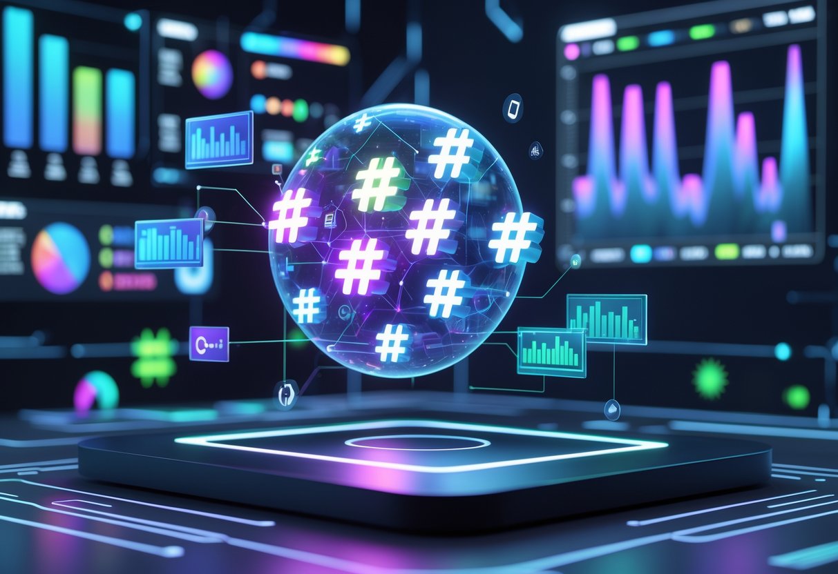A futuristic digital workspace showing a holographic display of evolving hashtag symbols surrounded by floating charts and data streams.