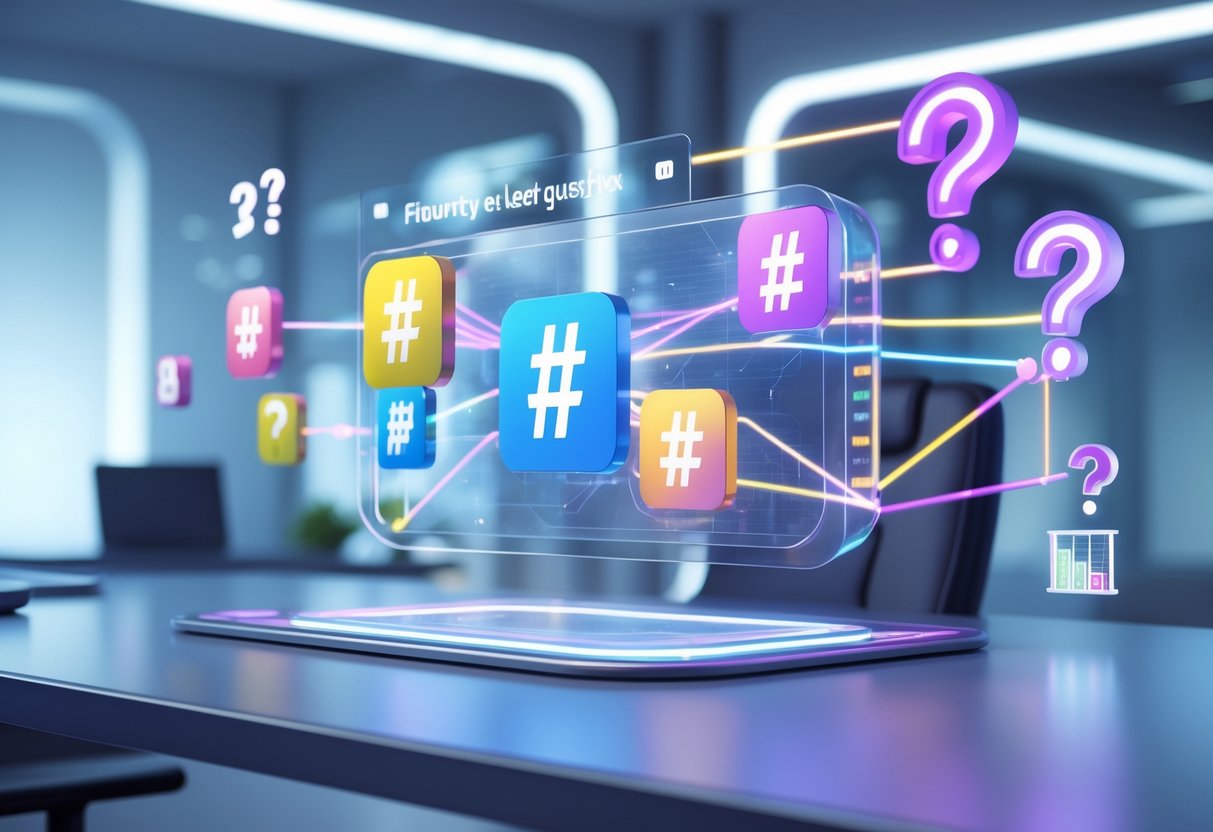 A 3D scene showing a futuristic digital workspace with floating holographic hashtag symbols connected by glowing lines, surrounded by question mark icons and data charts.