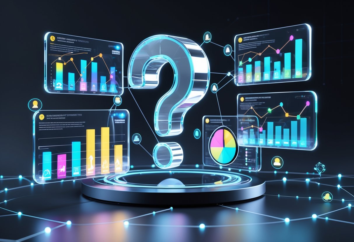 A 3D scene showing floating holographic panels with colourful charts and graphs around a central glowing question mark, representing data on user engagement.
