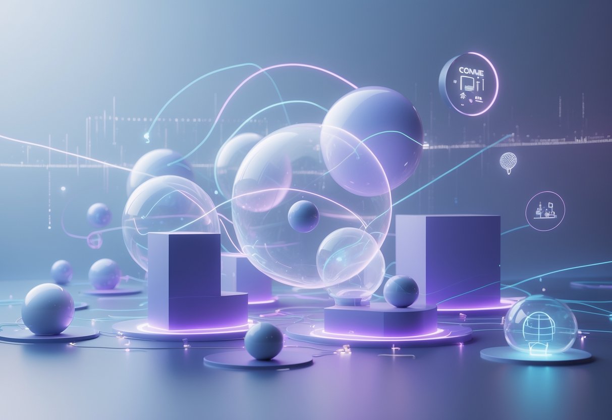 A 3D scene showing interconnected translucent shapes and glowing lines representing different types of trends and their participation in various contexts.