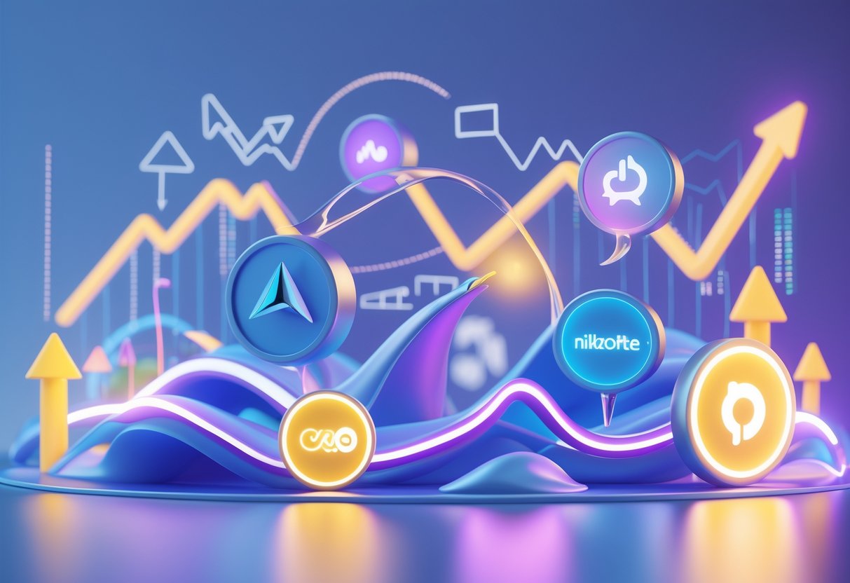 A 3D scene showing glowing brand icons connected by bright lines with arrows and graphs indicating growth and trend participation.