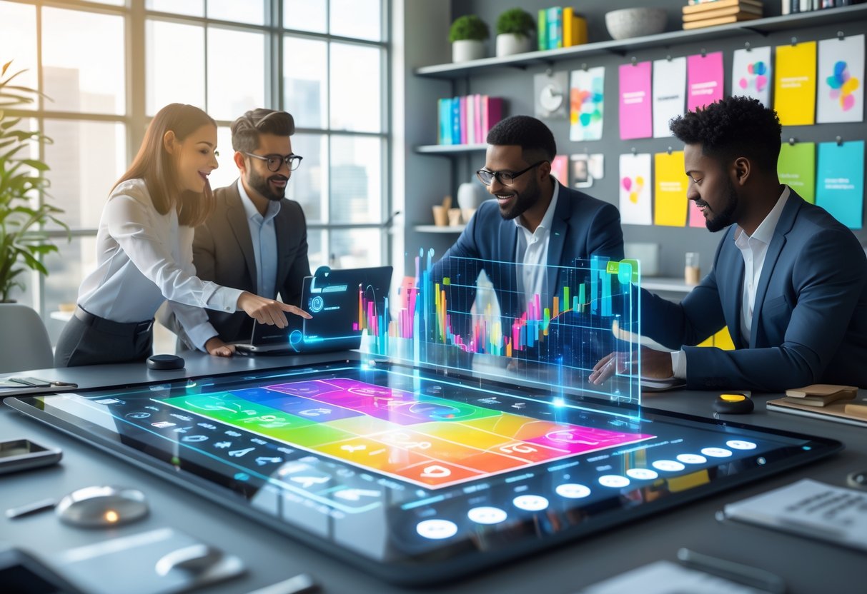 A group of people working together around a digital table with colourful trend graphs and holographic interfaces in a modern office.