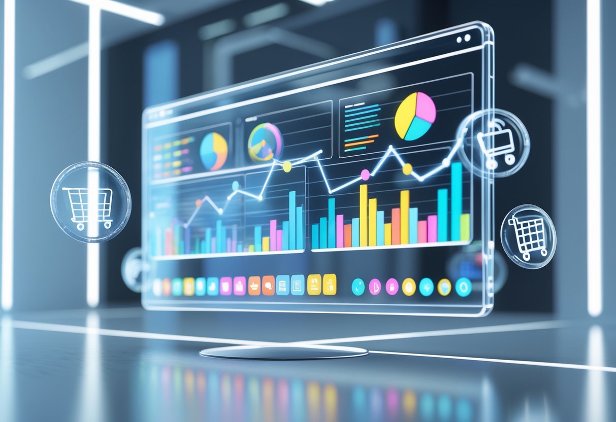 A 3D scene showing a futuristic digital dashboard with colourful graphs and holographic icons representing social media and user engagement in a modern workspace.