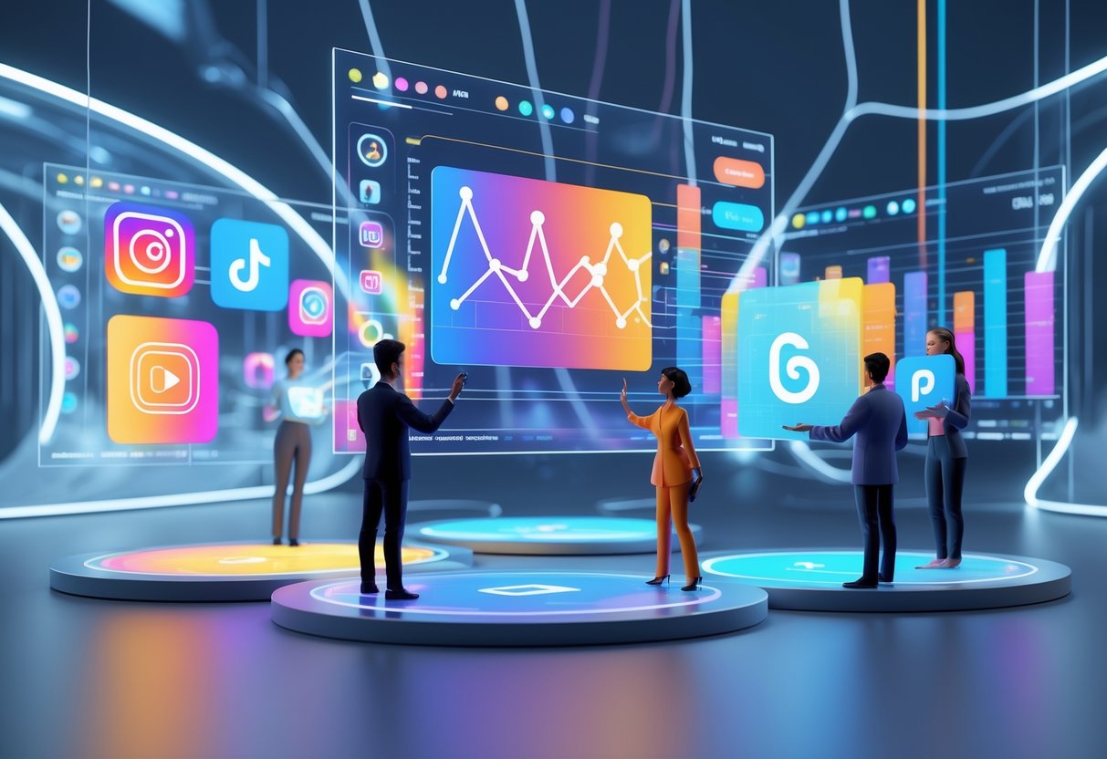 A digital workspace with holographic screens showing different social media platforms and avatars interacting with them, representing trend participation strategies.