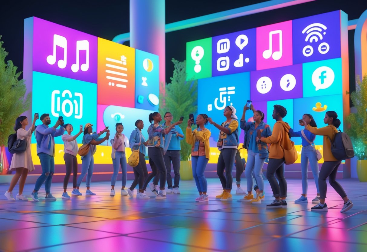 A lively urban plaza with diverse people enjoying cultural activities and sharing moments together under colourful lights and large digital displays.