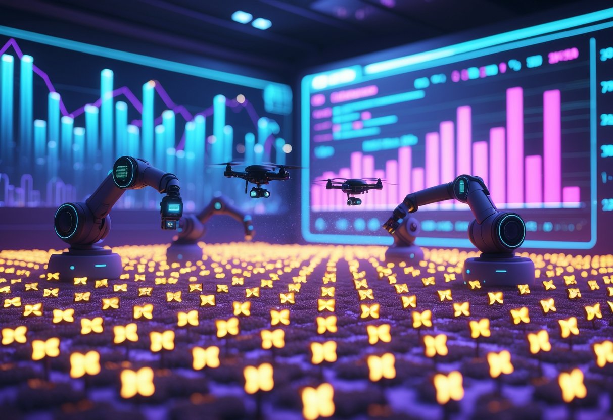 A digital farm with glowing video clip icons arranged like crops being harvested by robots and drones under a large screen showing data streams.