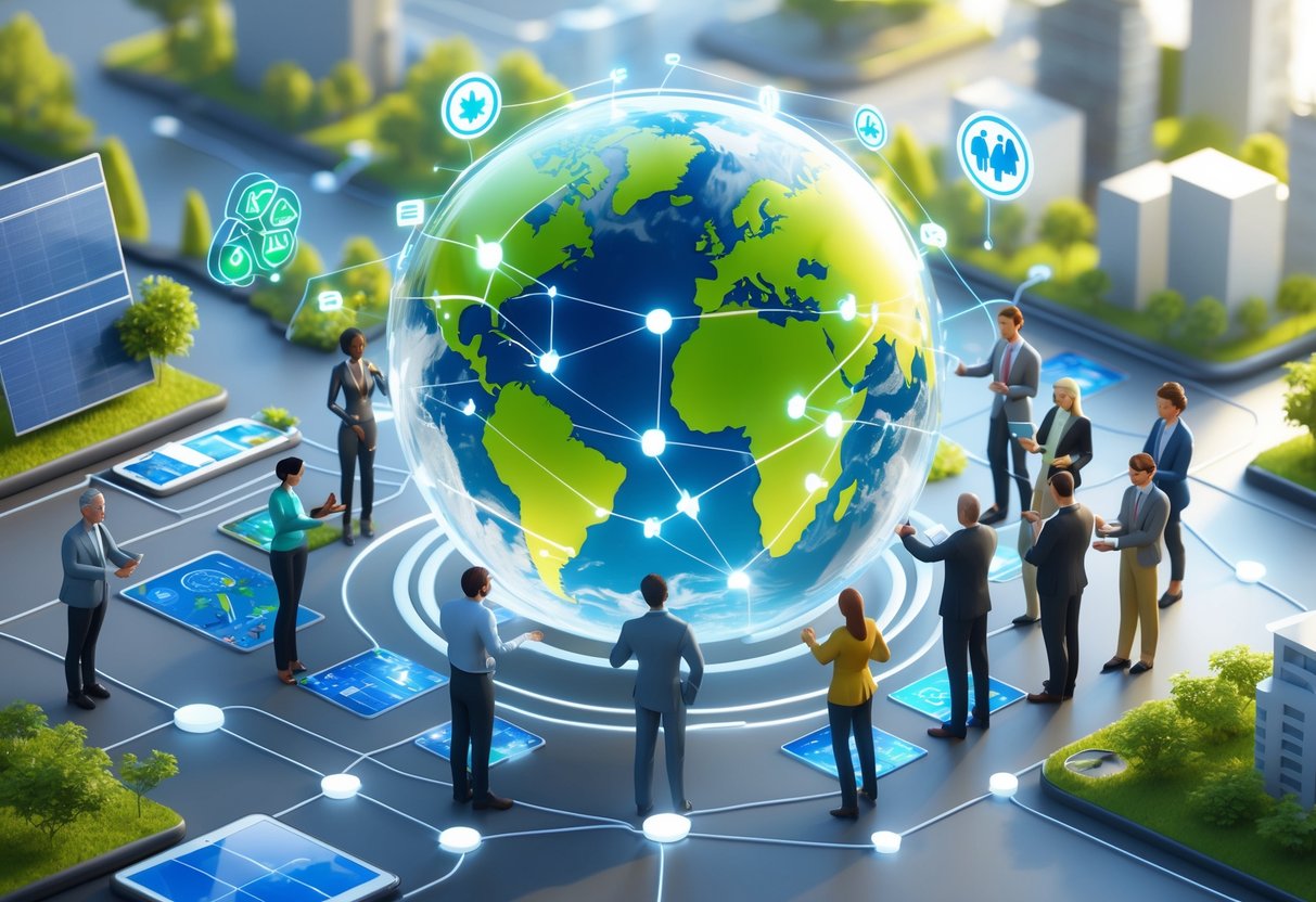 A group of diverse people collaborating around a glowing Earth globe surrounded by symbols of sustainability and social impact, including green leaves, renewable energy icons, and community buildings.