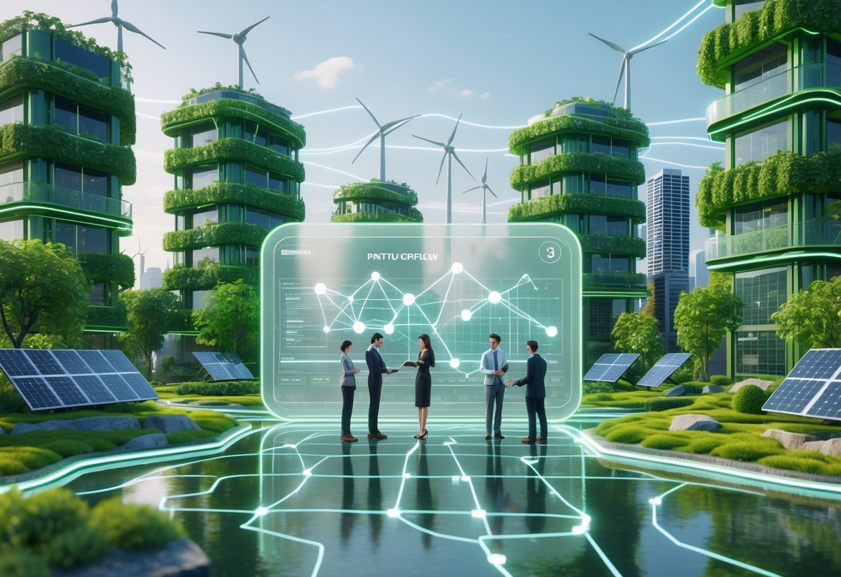 A futuristic city with green buildings, wind turbines, and people working together around a digital interface in a natural environment.