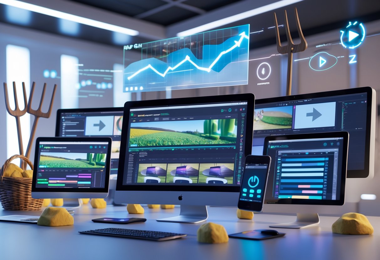 A digital workspace with multiple screens and devices showing video clips and editing tools, surrounded by farming tools and digital icons symbolising clip farming tactics.